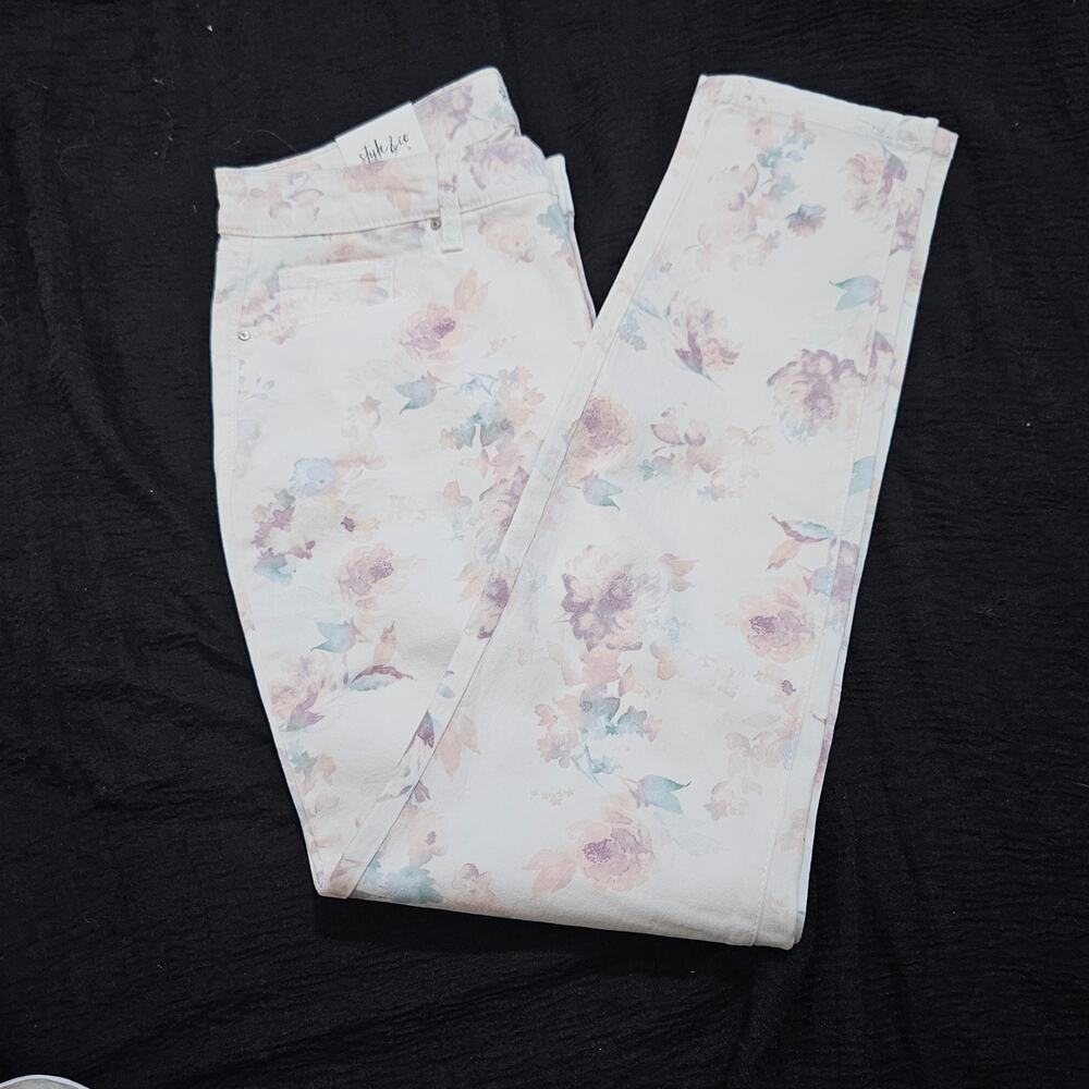 Style & Co Womens Skinny Jeans Size 8 Floral Pastel Print Curvy Fit White New